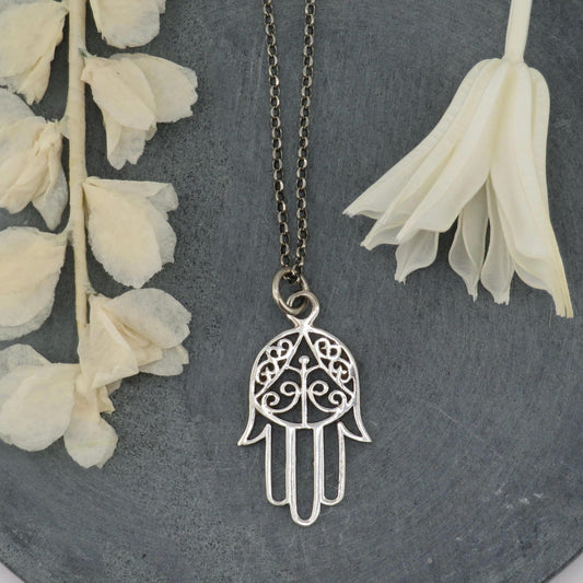 Sterling Hamsa Eye Necklace | Silver Hamsa Pendant | Sterling Hand Necklace | Cutout Silver Hamsa Pendant | Fancy Sterling Hamsa Hand
