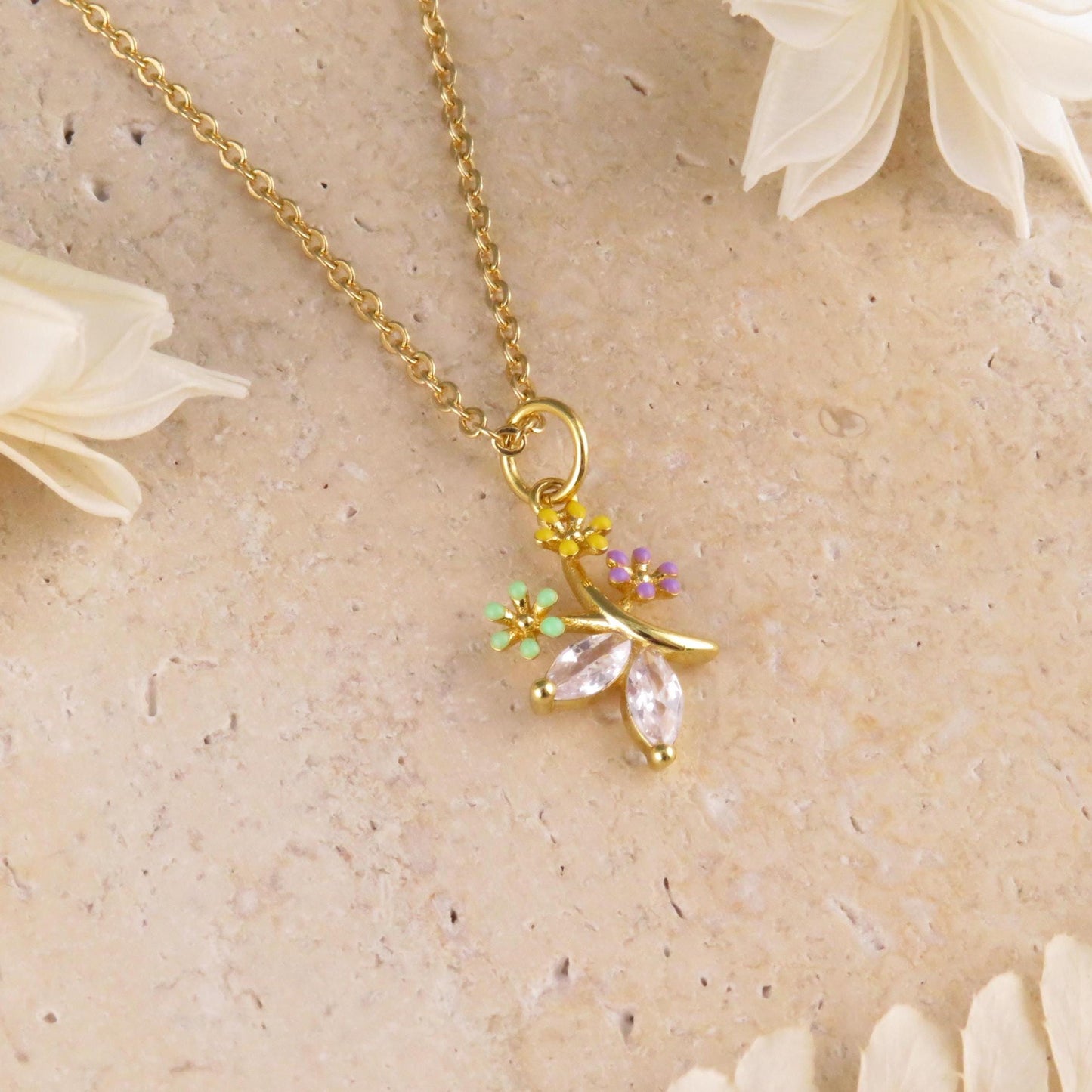 Gold Flowers Necklace | Colorful Gold Bouquet Necklace | CZ Gold Flower Charm | Sweet Colorful Flower Necklace | Enamel Flower Necklace