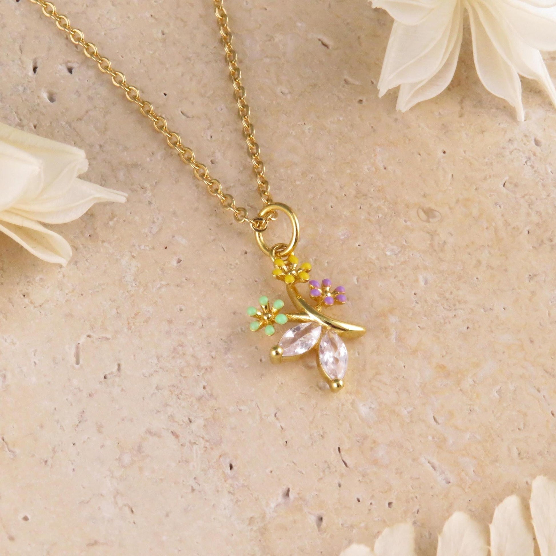 Gold Flowers Necklace | Colorful Gold Bouquet Necklace | CZ Gold Flower Charm | Sweet Colorful Flower Necklace | Enamel Flower Necklace