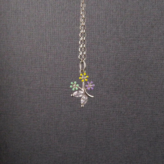 Silver Flowers Necklace | Colorful Flowers Pendant | Bouquet Flower Necklace | Enamel Delicate Flowers Necklace | Enamel Bunch of Flowers