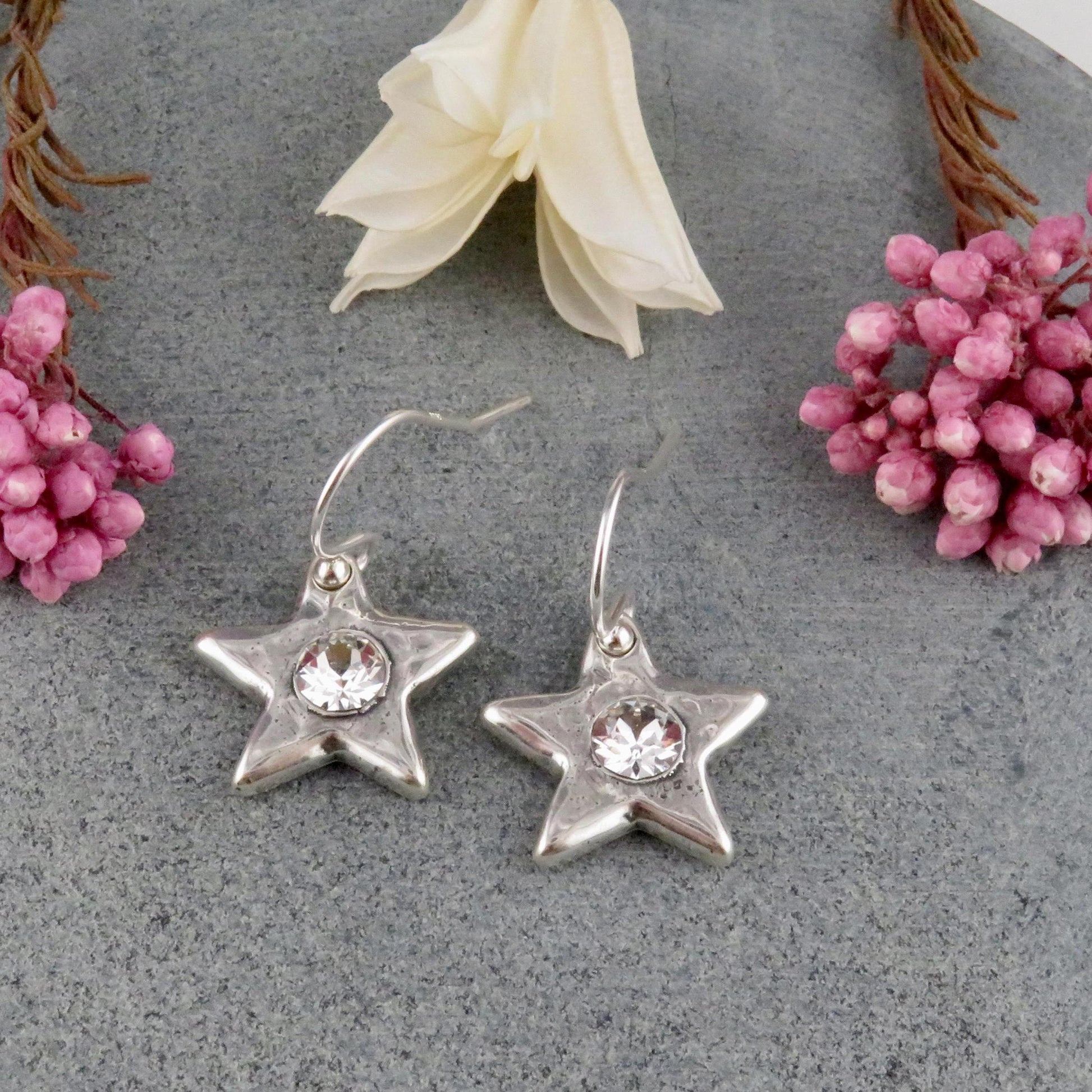 Silver Star CZ Earrings | Sparkly Star Earrings | Hammered Star Earrings | Crystal Star Earrings | Silver Stars | Celestial Star Earrings