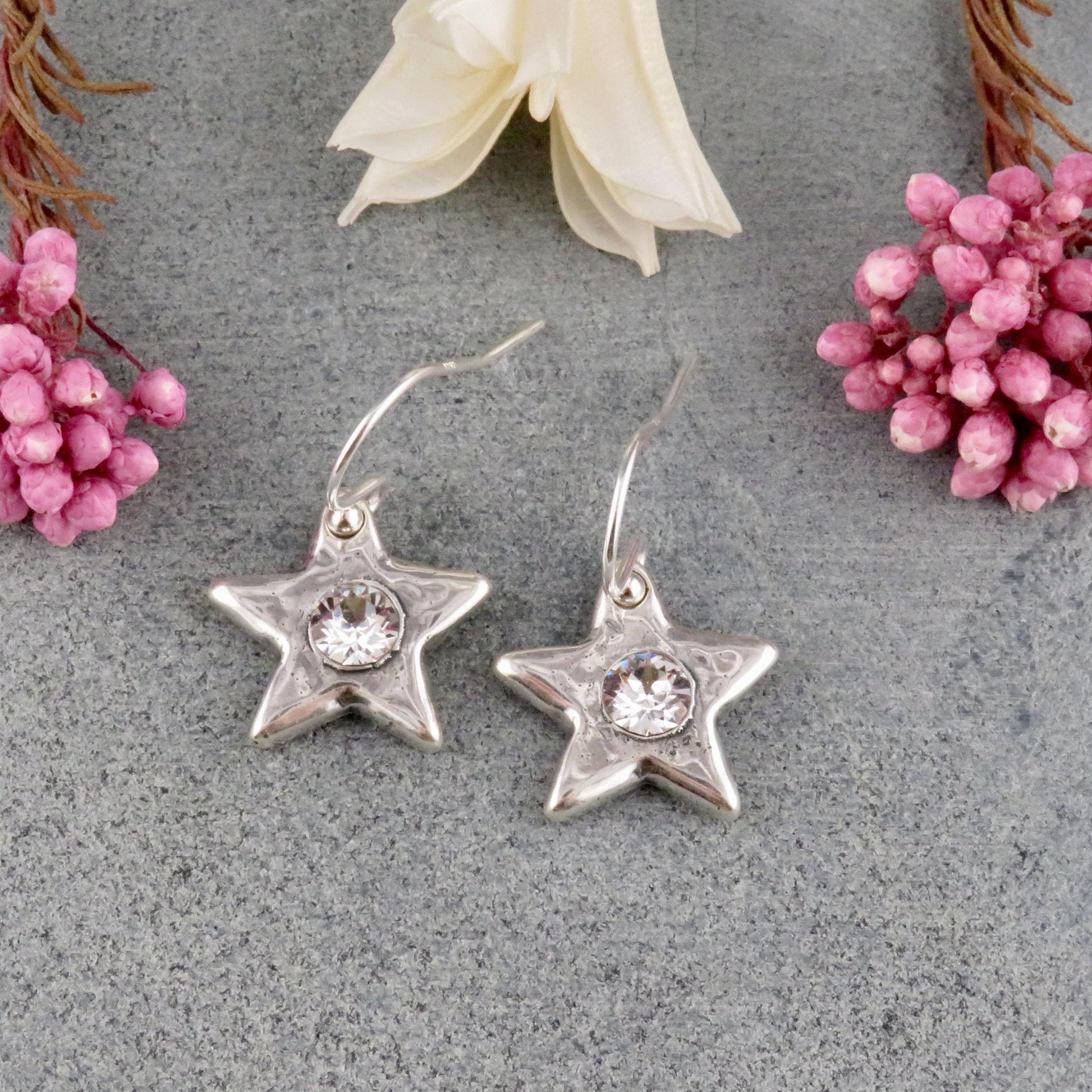 Silver Star CZ Earrings | Sparkly Star Earrings | Hammered Star Earrings | Crystal Star Earrings | Silver Stars | Celestial Star Earrings