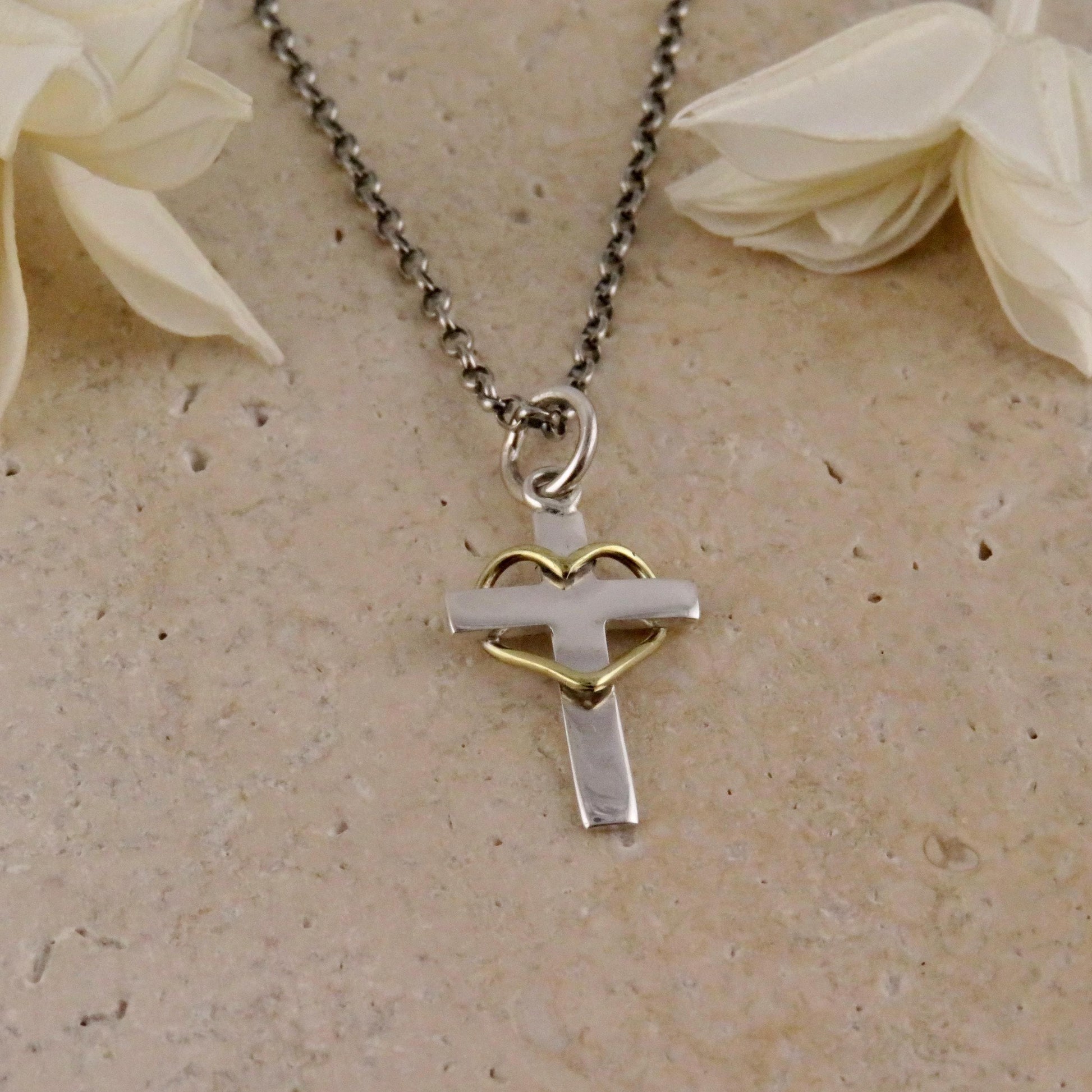 Cross Heart Necklace | Two Tone Cross Necklace | Silver Gold Cross Pendant | Mixed Metal Cross Necklace | Sterling Cross Heart Necklace