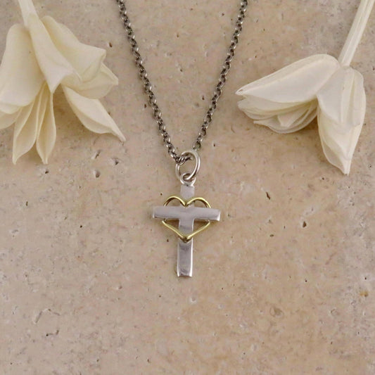 Cross Heart Necklace | Two Tone Cross Necklace | Silver Gold Cross Pendant | Mixed Metal Cross Necklace | Sterling Cross Heart Necklace