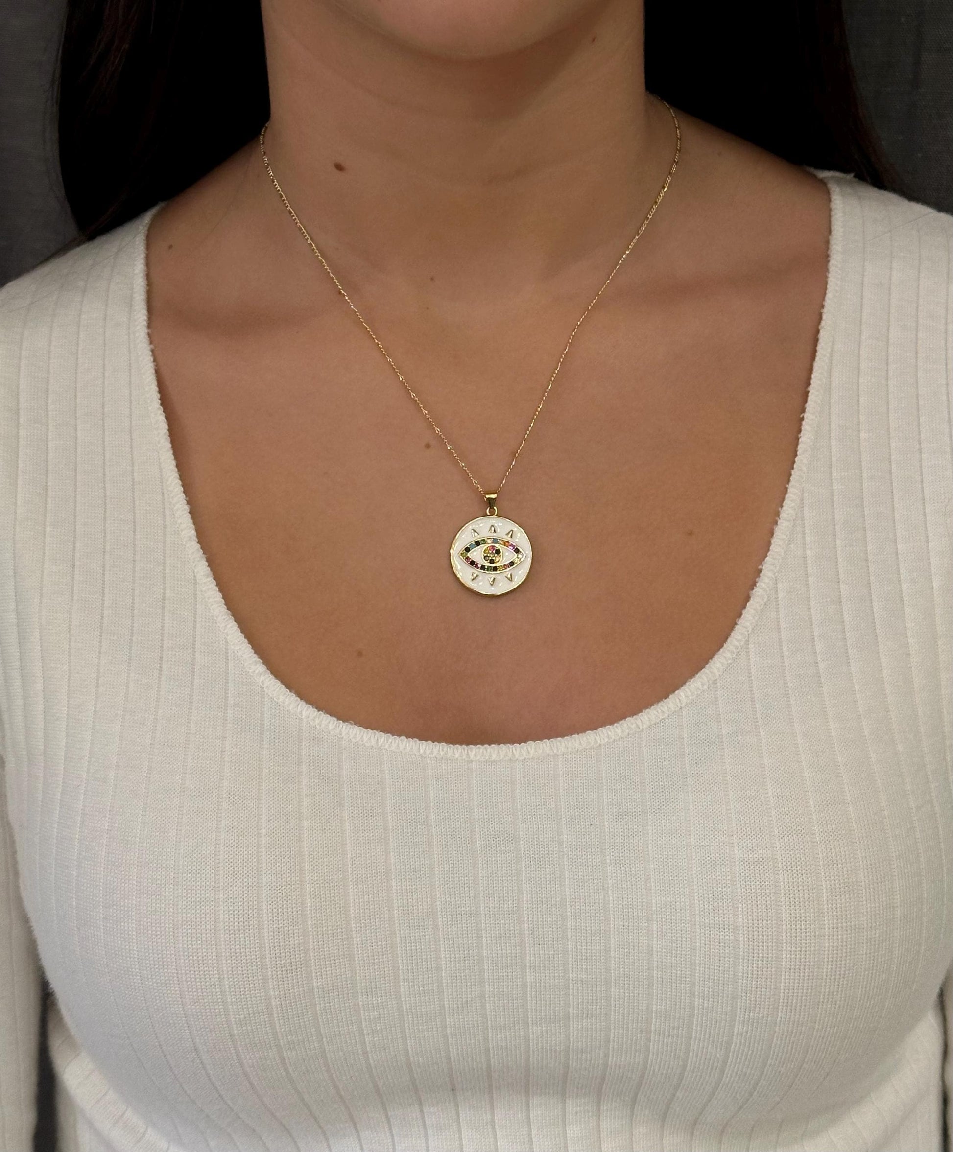 Evil Eye Medallion | Gold Eye Pendant | Colorful Eye Charm Necklace | Gold Enamel Eye Necklace | Evil Eye Necklace | Gold Eye Multicolor