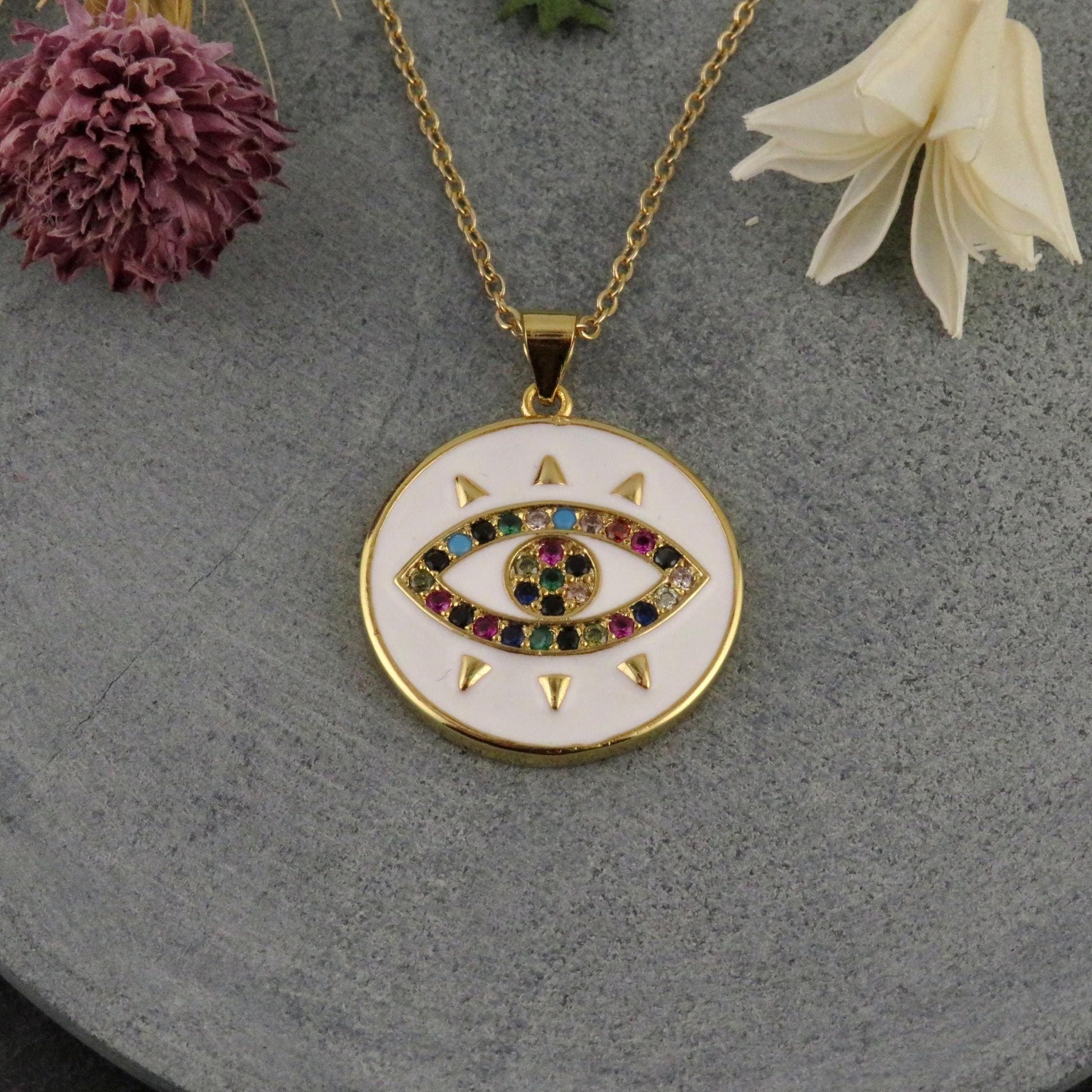 Evil Eye Medallion | Gold Eye Pendant | Colorful Eye Charm Necklace | Gold Enamel Eye Necklace | Evil Eye Necklace | Gold Eye Multicolor