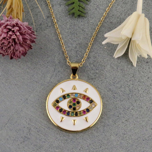 Evil Eye Medallion | Gold Eye Pendant | Colorful Eye Charm Necklace | Gold Enamel Eye Necklace | Evil Eye Necklace | Gold Eye Multicolor