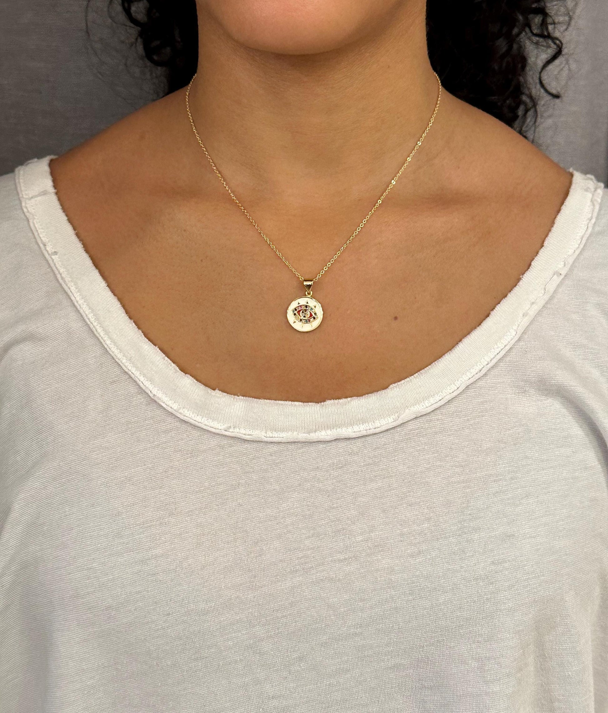 Evil Eye Necklace | Colorful Eye Pendant | Gold Evil Eye Pendant | Gold Enamel Eye Necklace | Gold Eye Medallion | Gold Evil Eye Multicolor