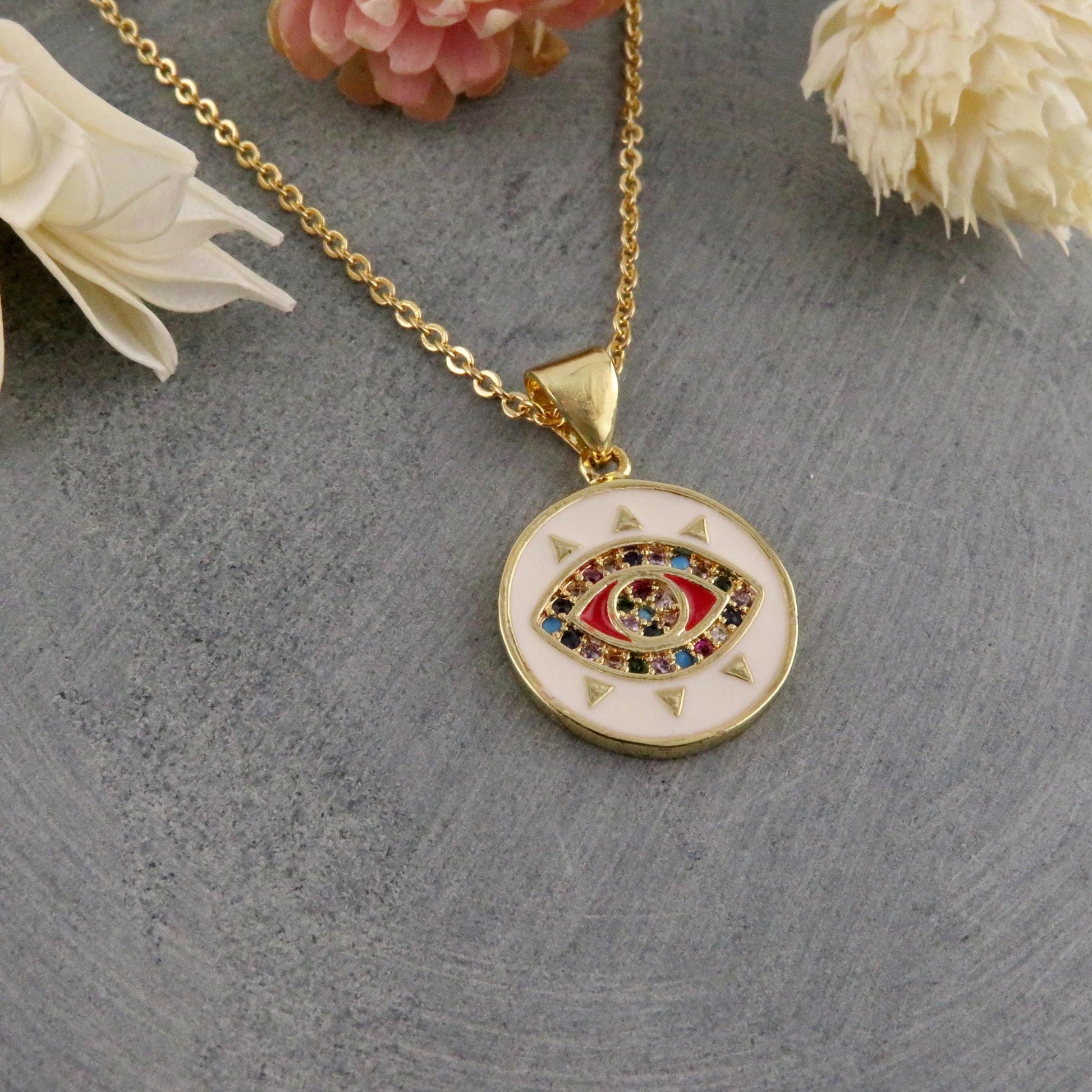 Evil Eye Necklace | Colorful Eye Pendant | Gold Evil Eye Pendant | Gold Enamel Eye Necklace | Gold Eye Medallion | Gold Evil Eye Multicolor