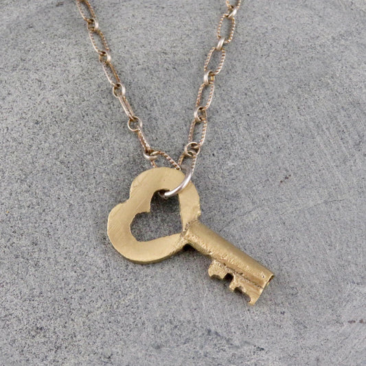 Brass Key Necklace | Chunky Key Pendant | Heart Key Necklace | Rustic Key Necklace | Gold Heart Key Pendant | Key to my Heart Necklace