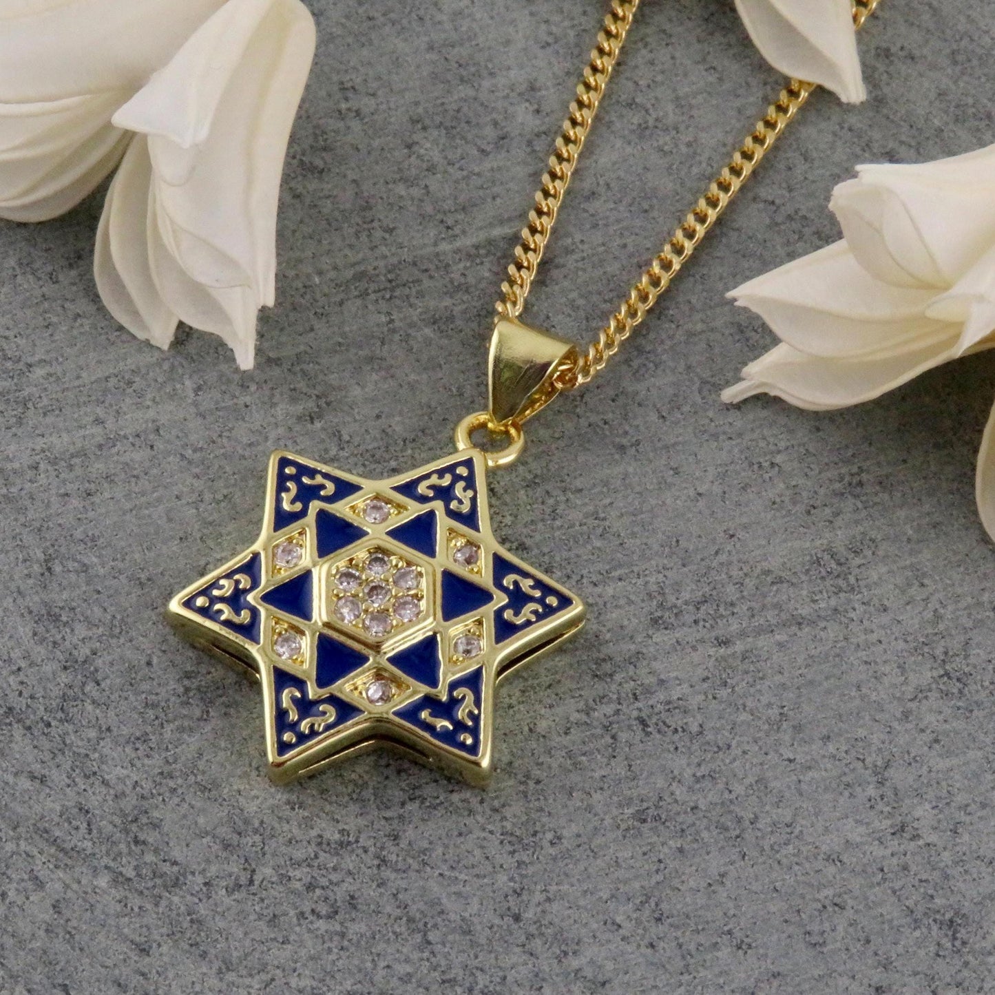 Gold Star of David Necklace | Fancy Gold Jewish Star Necklace | Gold Filled Magen David | Judaic Necklace | Gold Enamel Blue Star of David
