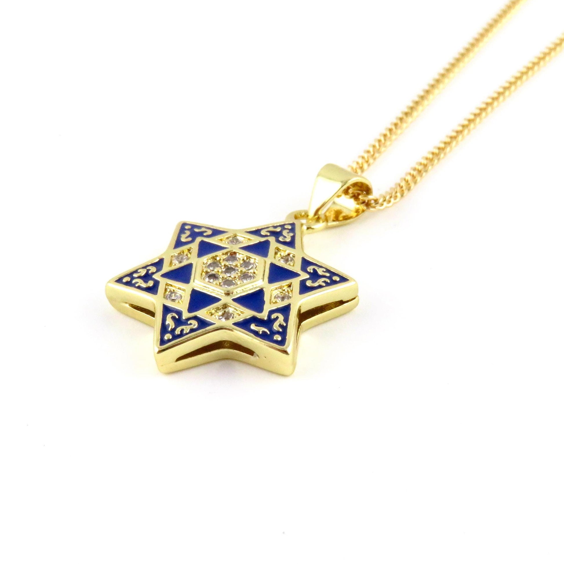 Gold Star of David Necklace | Fancy Gold Jewish Star Necklace | Gold Filled Magen David | Judaic Necklace | Gold Enamel Blue Star of David