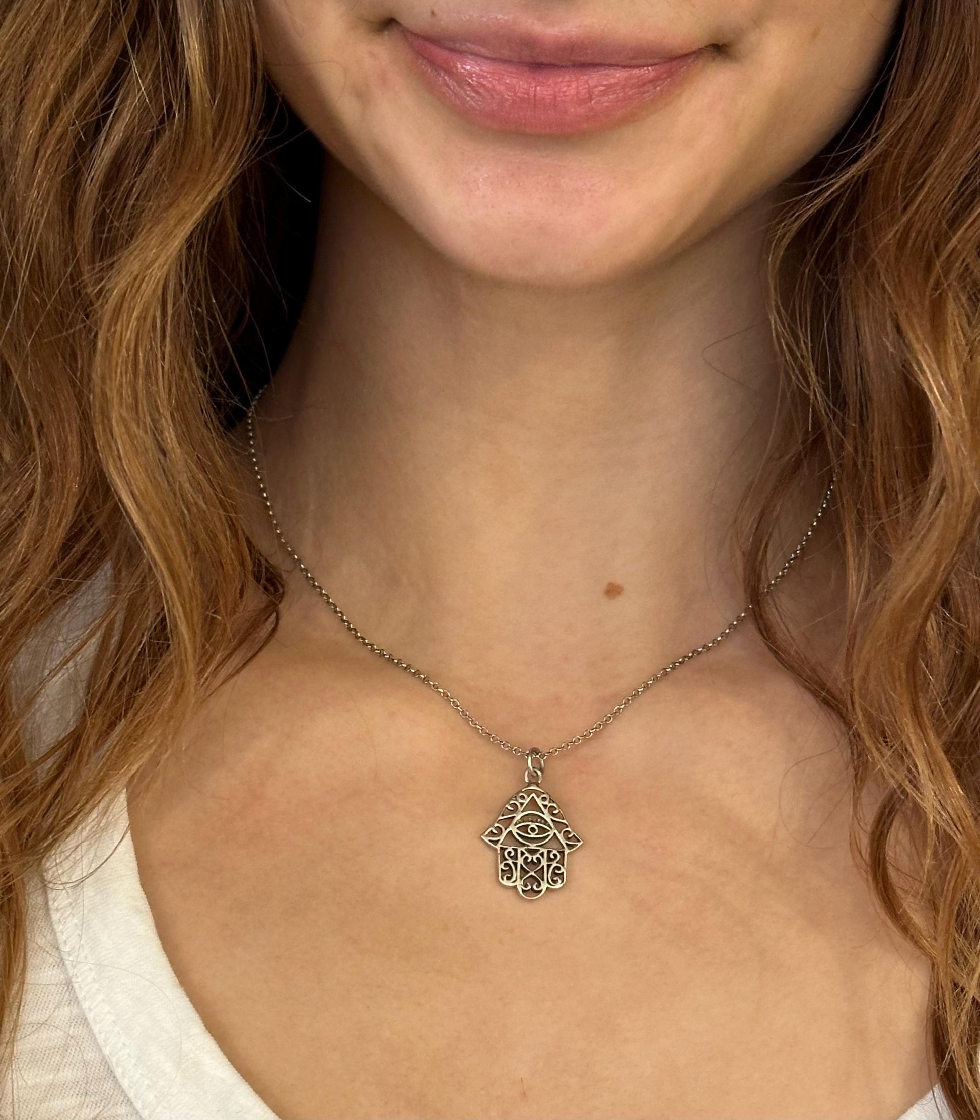 Sterling Silver Hamsa Eye Necklace | Silver Hamsa Pendant | Sterling Hand Necklace | Cutout Silver Hamsa Pendant | Fancy Sterling Hamsa Hand