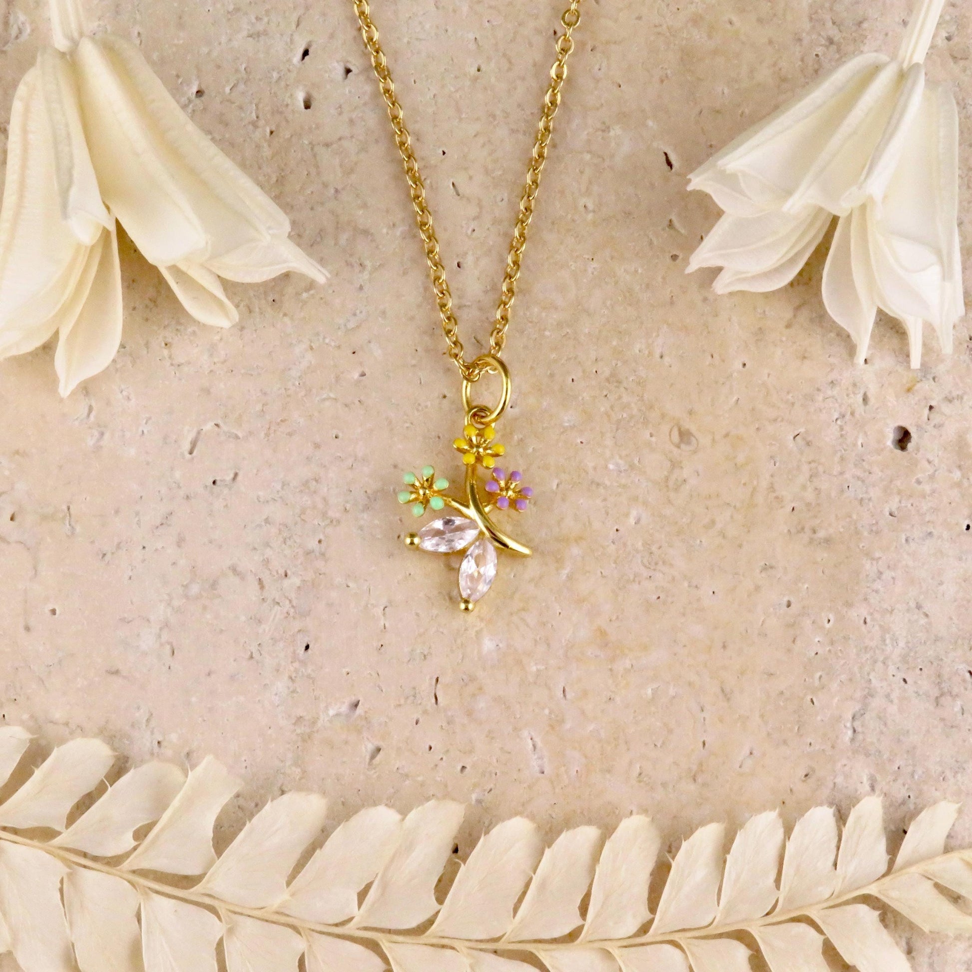Gold Flowers Necklace | Colorful Gold Bouquet Necklace | CZ Gold Flower Charm | Sweet Colorful Flower Necklace | Enamel Flower Necklace