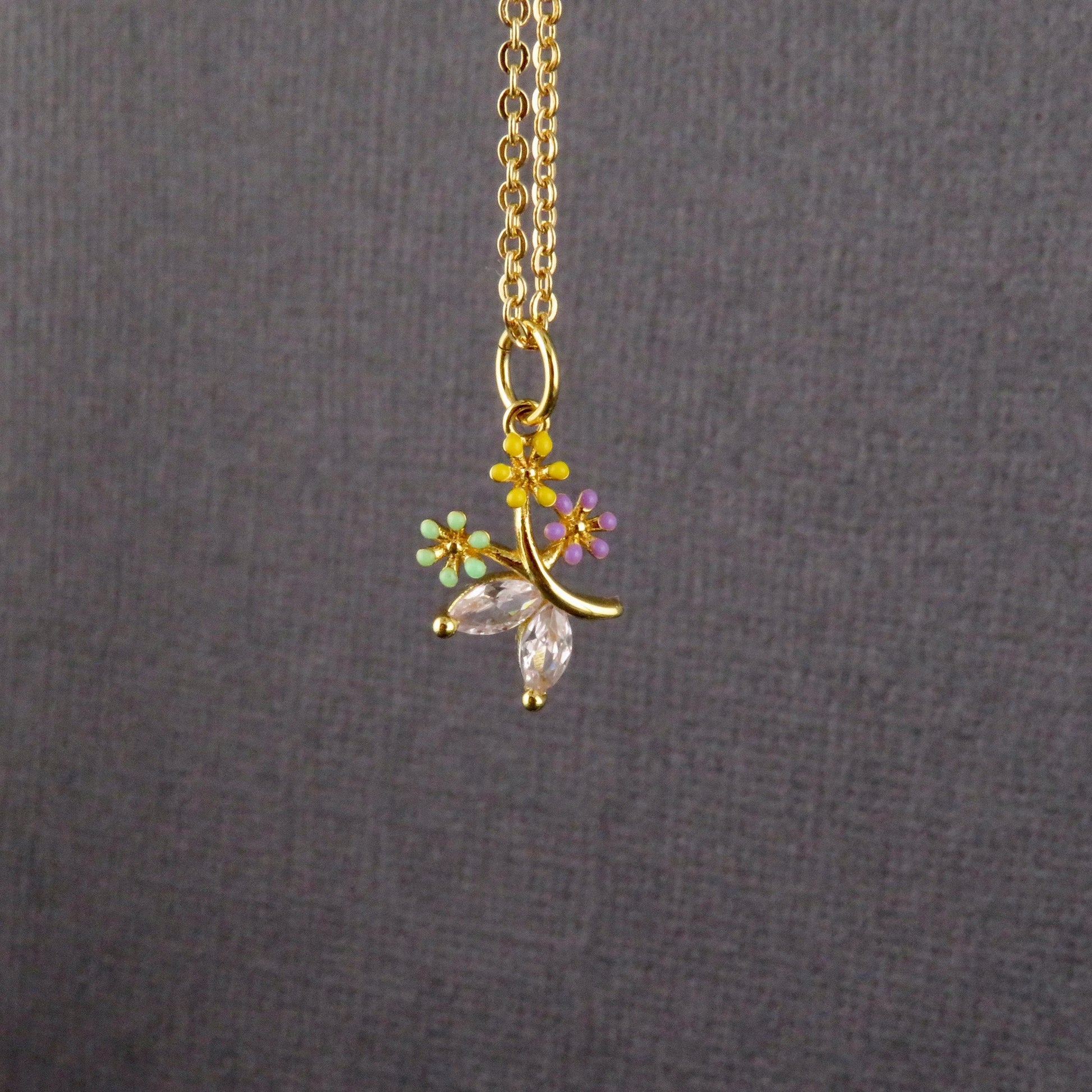 Gold Flowers Necklace | Colorful Gold Bouquet Necklace | CZ Gold Flower Charm | Sweet Colorful Flower Necklace | Enamel Flower Necklace