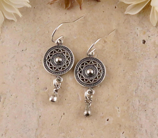 Silver Mandala Earrings | Geometric Silver Earrings | Sterling Circle Earrings | Silver Intricate Earrings | Lacy Sterling Drop Earrings