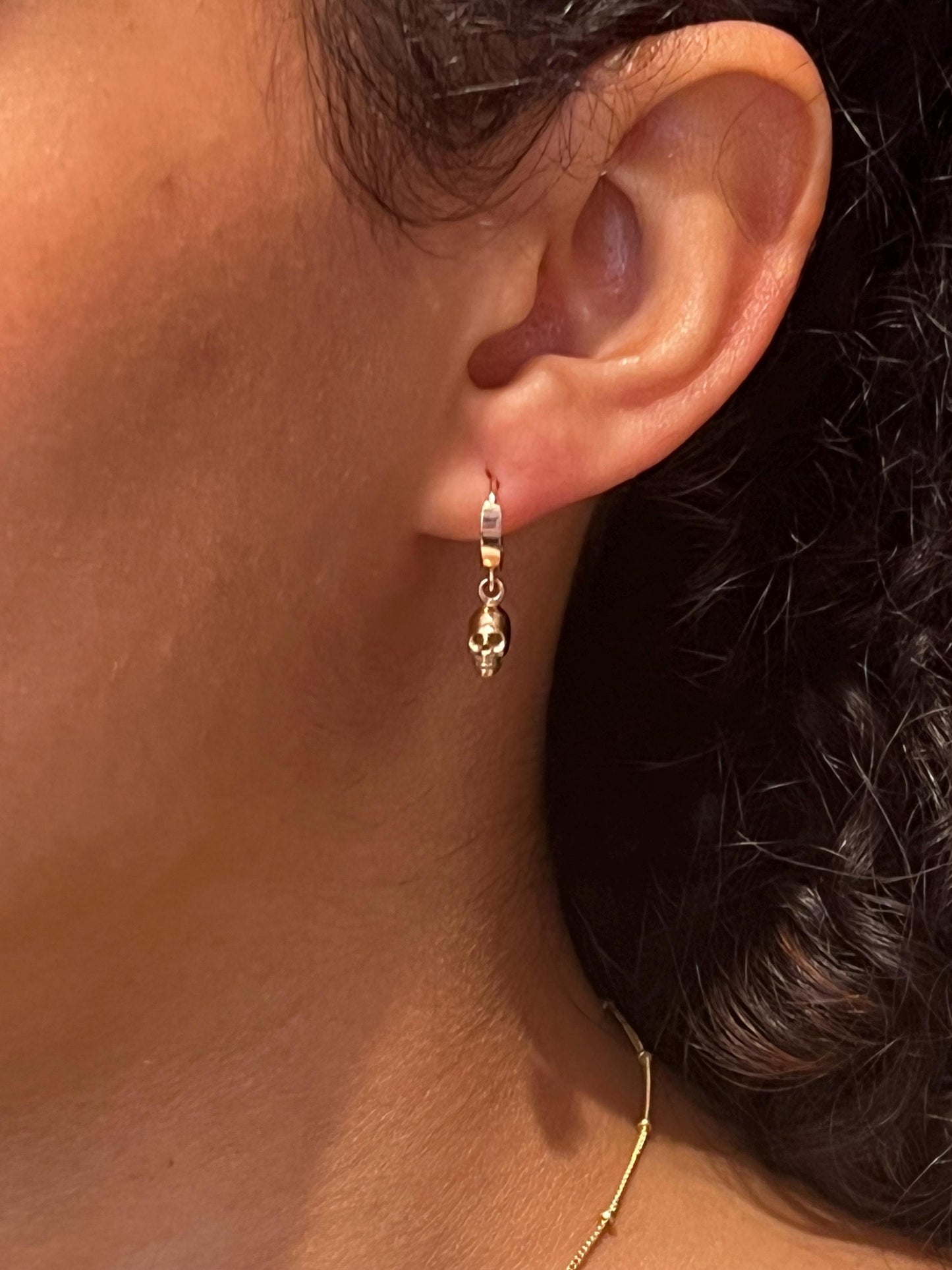 Gold Skull Hoop Earrings | Small Gold Skull Earrings | Mini Gold Skull Hoops | Tiny Bronze Skull Hoop Earrings | 3D Skull Hoop Earrings