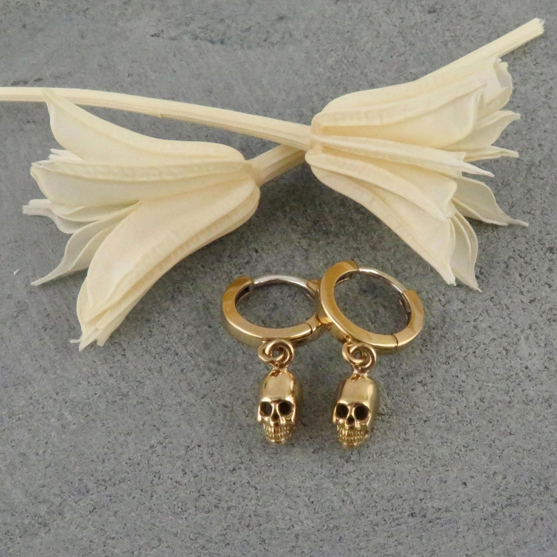 Gold Skull Hoop Earrings | Small Gold Skull Earrings | Mini Gold Skull Hoops | Tiny Bronze Skull Hoop Earrings | 3D Skull Hoop Earrings