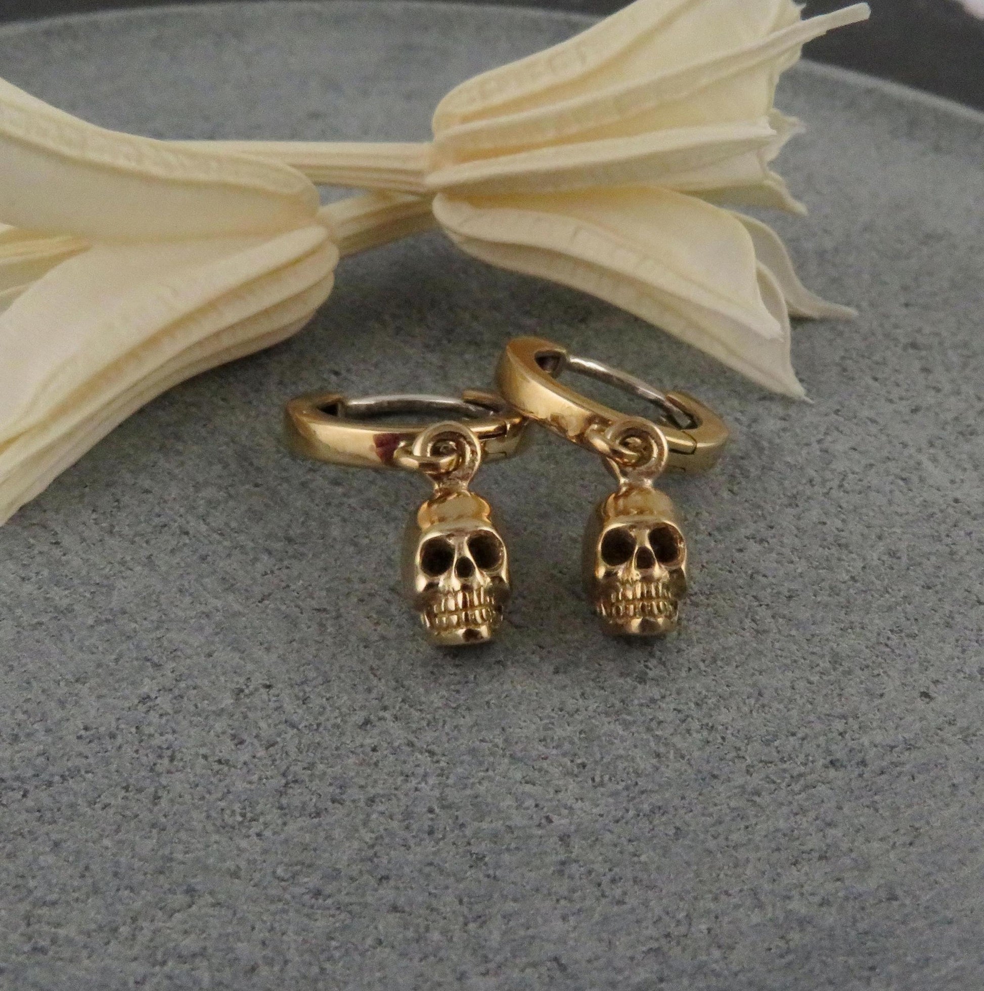 Gold Skull Hoop Earrings | Small Gold Skull Earrings | Mini Gold Skull Hoops | Tiny Bronze Skull Hoop Earrings | 3D Skull Hoop Earrings