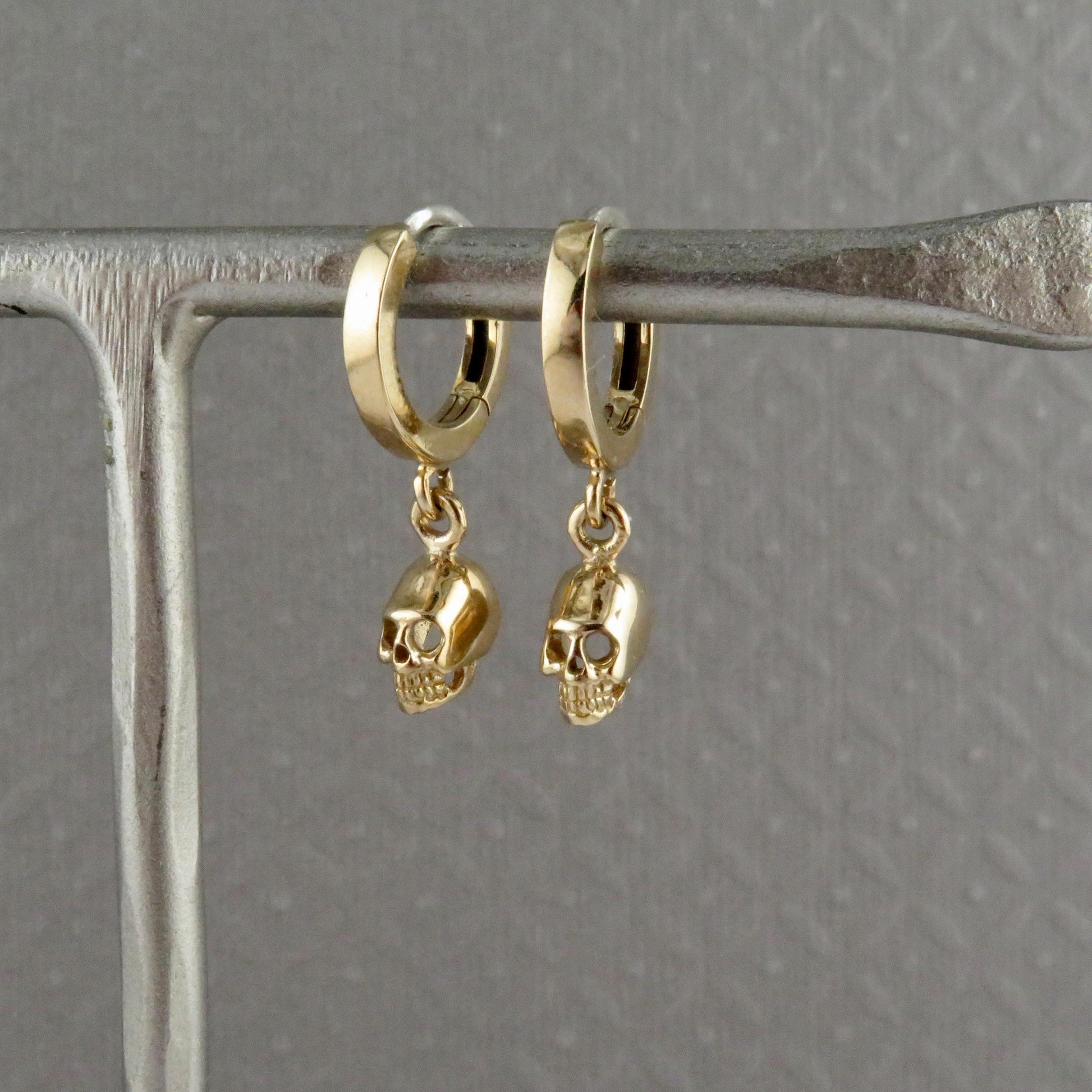 Gold Skull Hoop Earrings | Small Gold Skull Earrings | Mini Gold Skull Hoops | Tiny Bronze Skull Hoop Earrings | 3D Skull Hoop Earrings