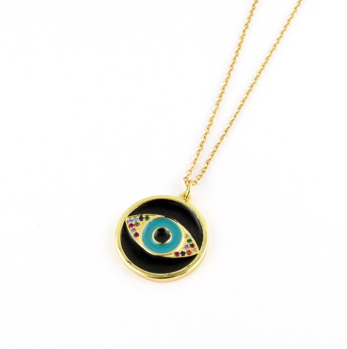 Evil Eye Medallion | Gold Black Eye Pendant | Colorful Eye Charm Necklace | Gold Enamel Eye Necklace | Black Evil Eye | Multicolor Gold Eye