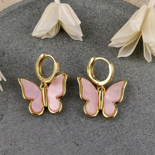 Gold Butterfly Earrings | Pink Butterfly Earrings | White Butterfly Earrings | Butterfly Hoop Earrings | Pink Mariposa Earrings