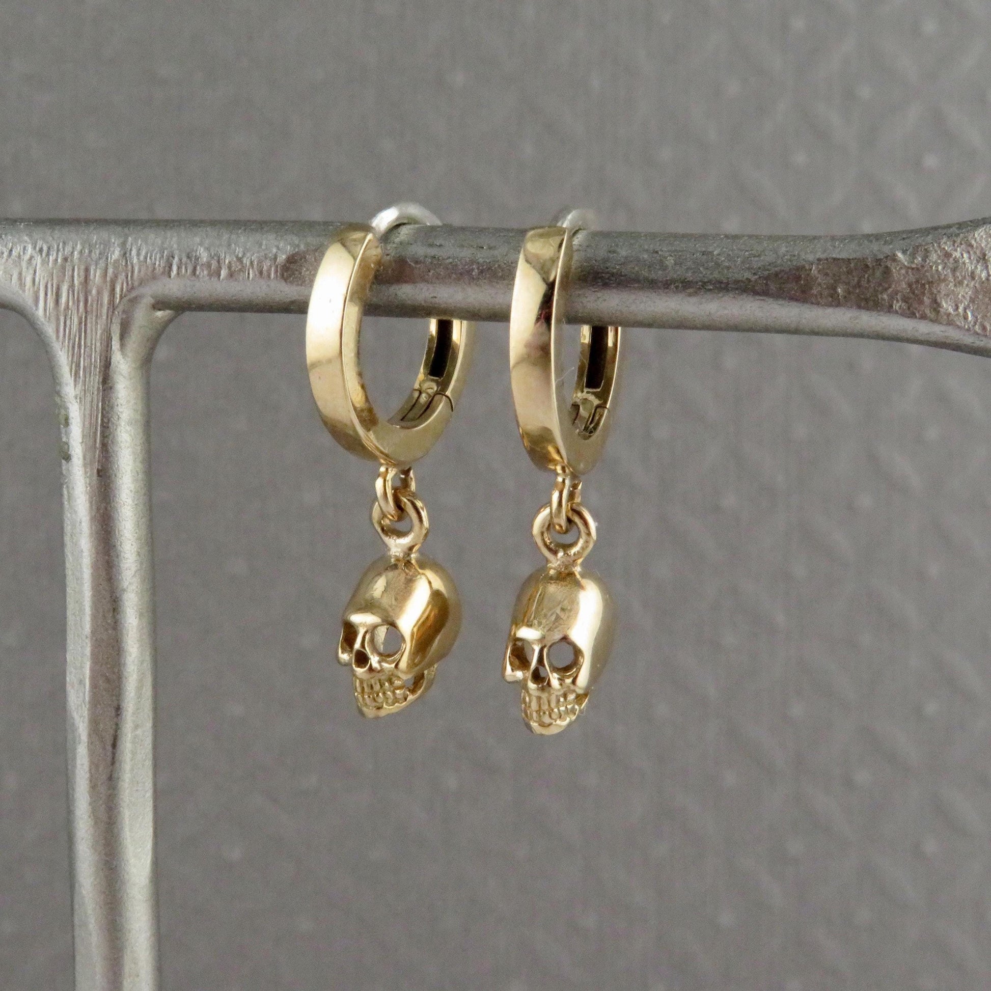Gold Skull Hoop Earrings | Small Gold Skull Earrings | Mini Gold Skull Hoops | Tiny Bronze Skull Hoop Earrings | 3D Skull Hoop Earrings