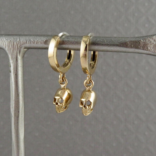 Gold Skull Hoop Earrings | Small Gold Skull Earrings | Mini Gold Skull Hoops | Tiny Bronze Skull Hoop Earrings | 3D Skull Hoop Earrings