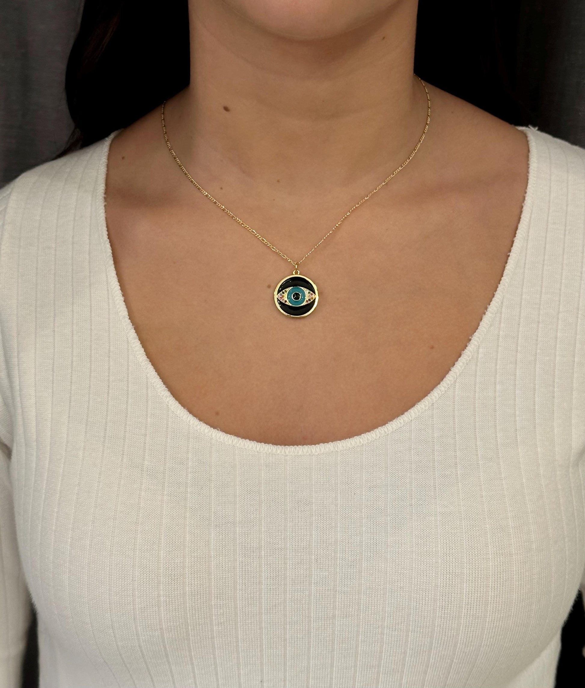 Evil Eye Medallion | Gold Black Eye Pendant | Colorful Eye Charm Necklace | Gold Enamel Eye Necklace | Black Evil Eye | Multicolor Gold Eye