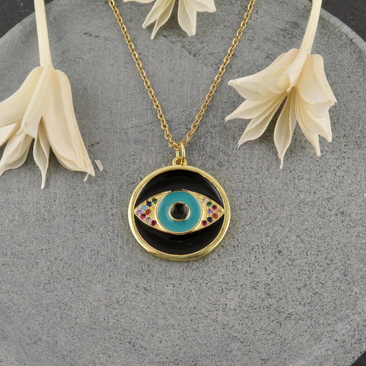 Evil Eye Medallion | Gold Black Eye Pendant | Colorful Eye Charm Necklace | Gold Enamel Eye Necklace | Black Evil Eye | Multicolor Gold Eye