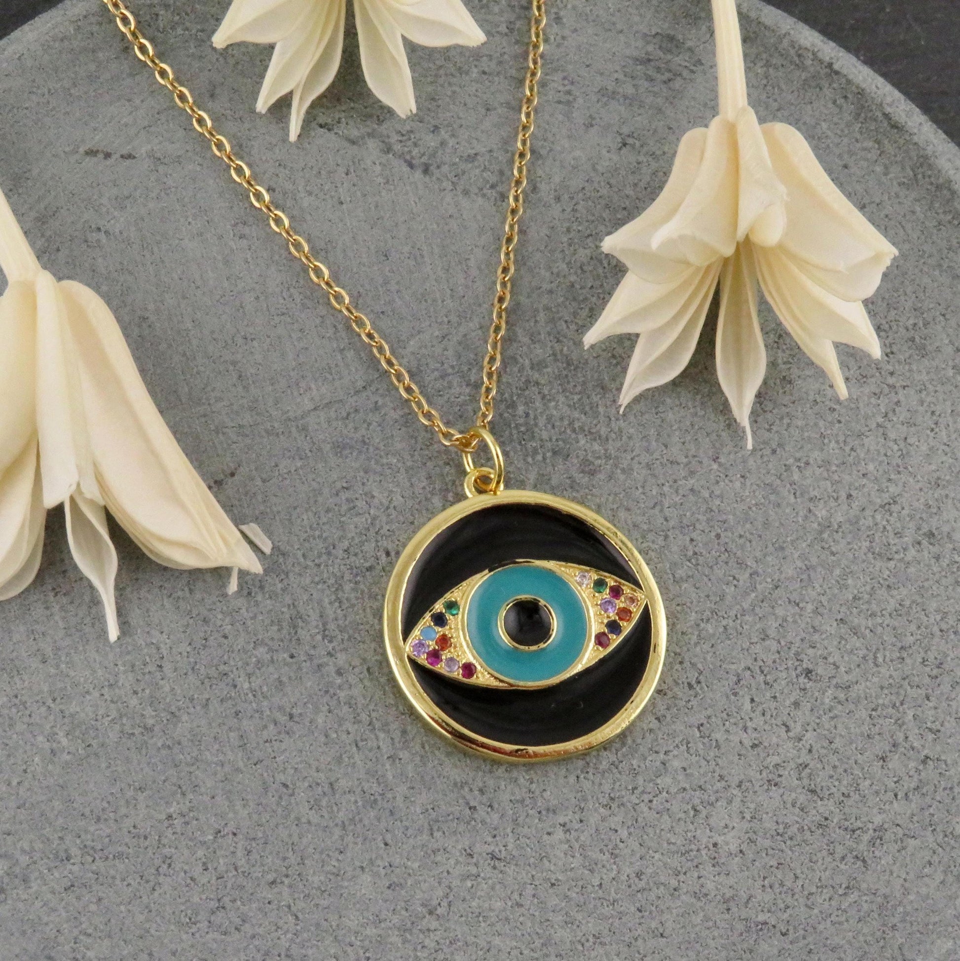 Evil Eye Medallion | Gold Black Eye Pendant | Colorful Eye Charm Necklace | Gold Enamel Eye Necklace | Black Evil Eye | Multicolor Gold Eye