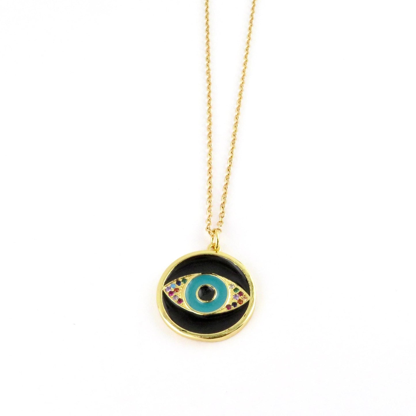 Evil Eye Medallion | Gold Black Eye Pendant | Colorful Eye Charm Necklace | Gold Enamel Eye Necklace | Black Evil Eye | Multicolor Gold Eye