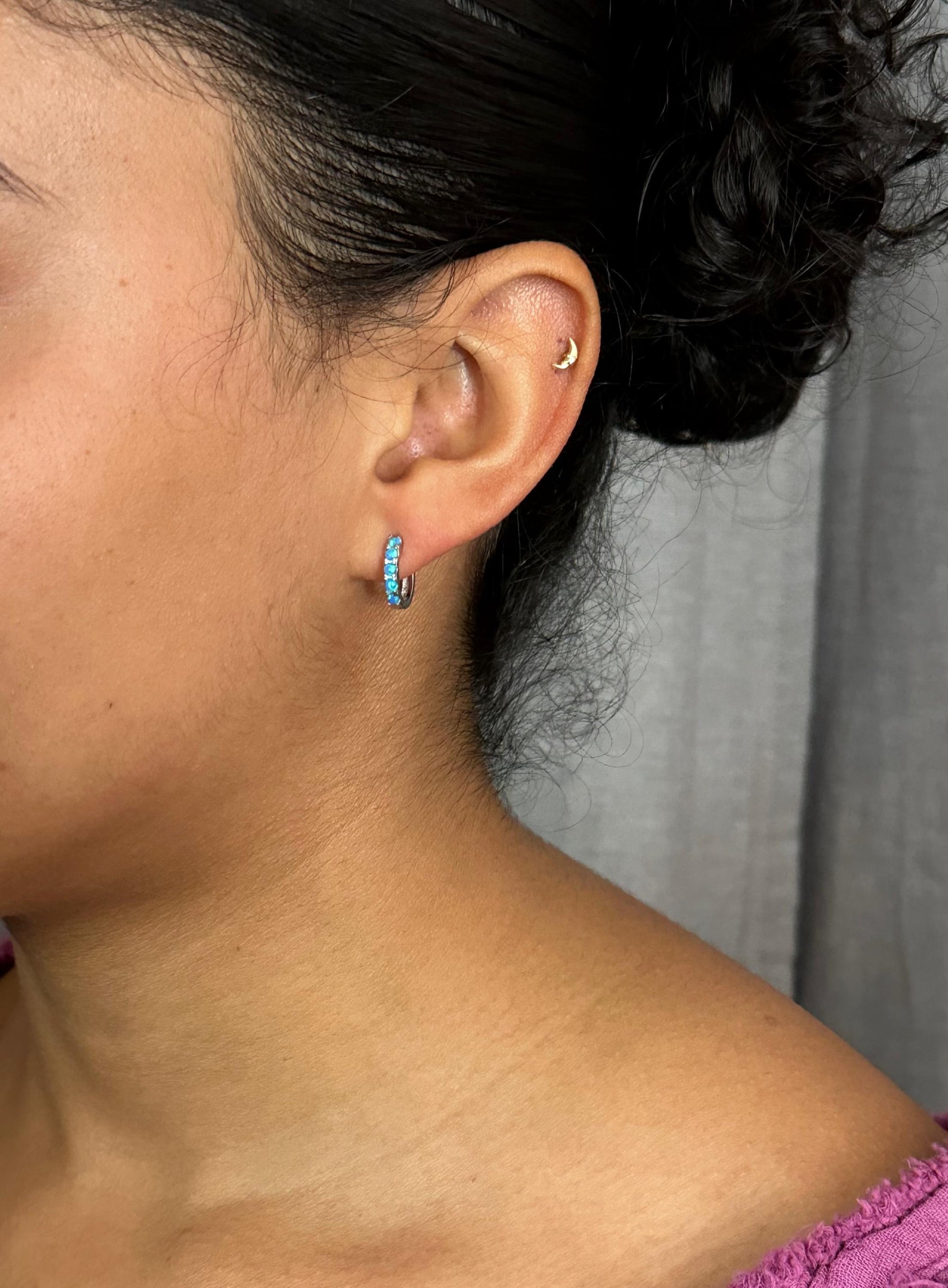 Silver Blue Opal Hoops | Sterling Opal Hoop Earrings | Silver Blue Opal Clicker Hoops | Lab Opal Hoops | Sterling Simple Opal Hoop Earrings