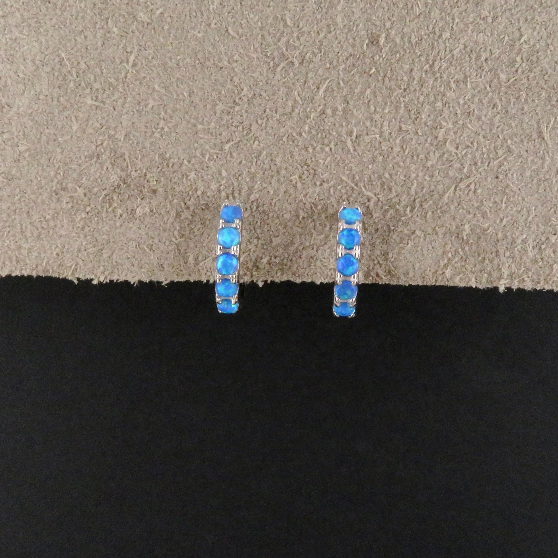 Silver Blue Opal Hoops | Sterling Opal Hoop Earrings | Silver Blue Opal Clicker Hoops | Lab Opal Hoops | Sterling Simple Opal Hoop Earrings
