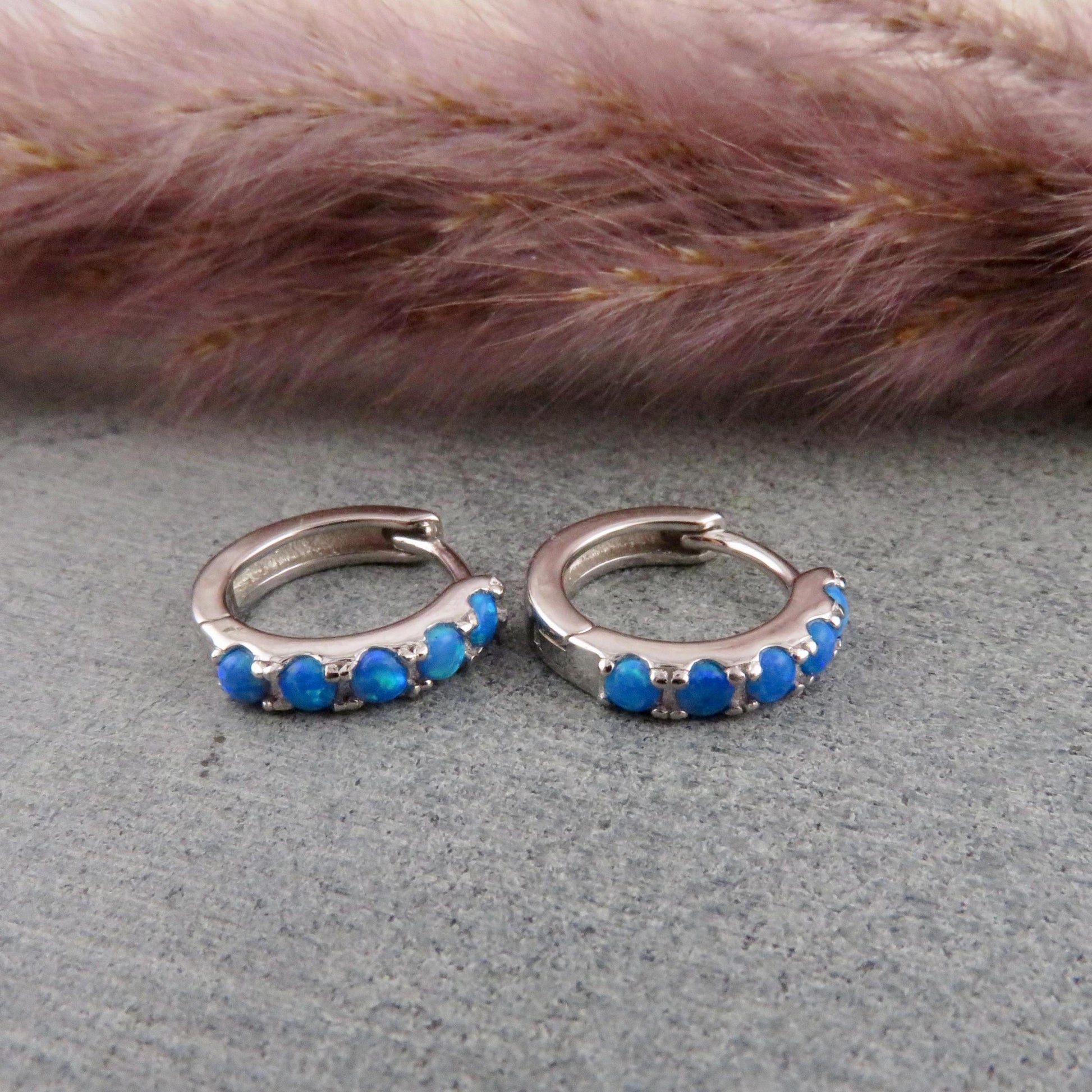 Silver Blue Opal Hoops | Sterling Opal Hoop Earrings | Silver Blue Opal Clicker Hoops | Lab Opal Hoops | Sterling Simple Opal Hoop Earrings