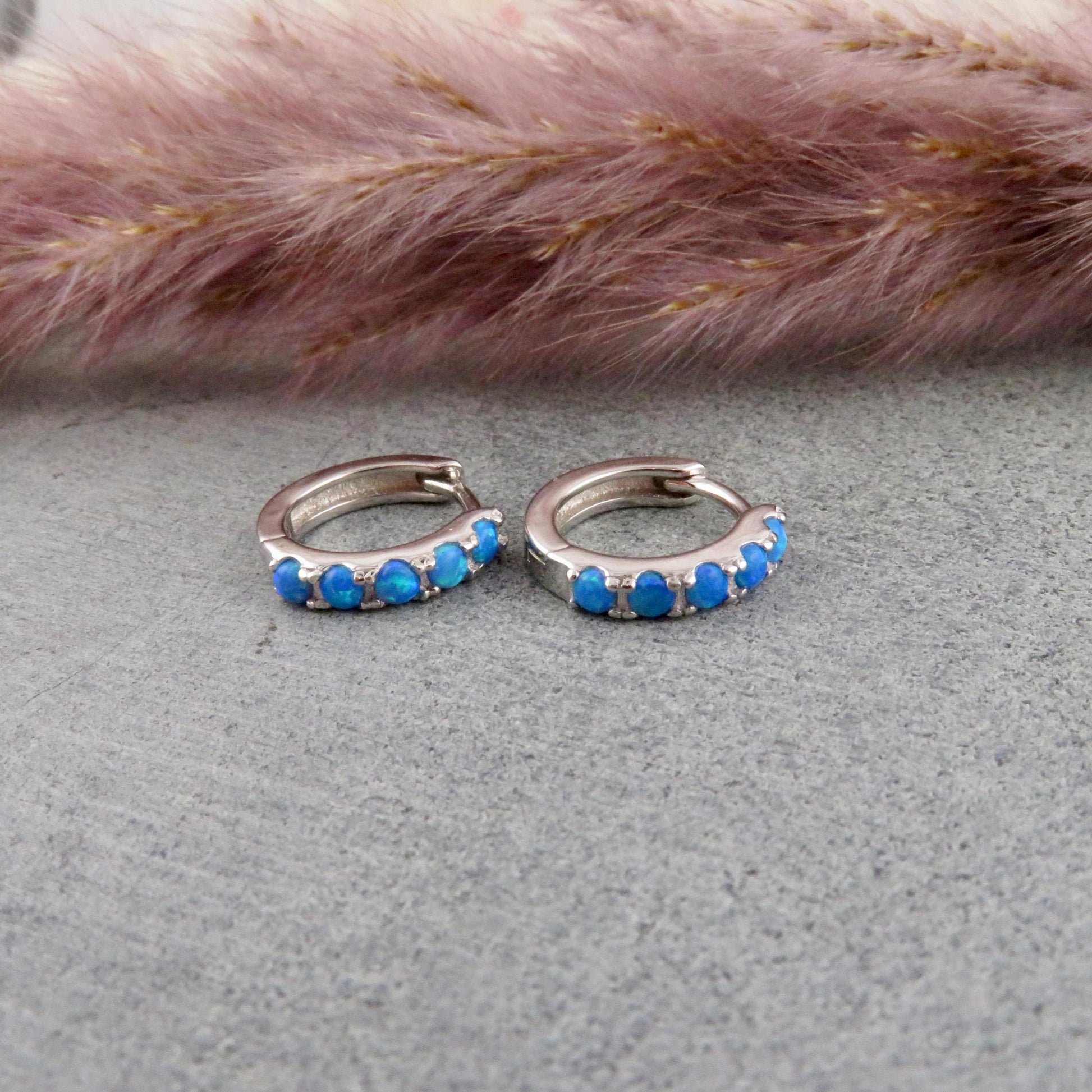 Silver Blue Opal Hoops | Sterling Opal Hoop Earrings | Silver Blue Opal Clicker Hoops | Lab Opal Hoops | Sterling Simple Opal Hoop Earrings