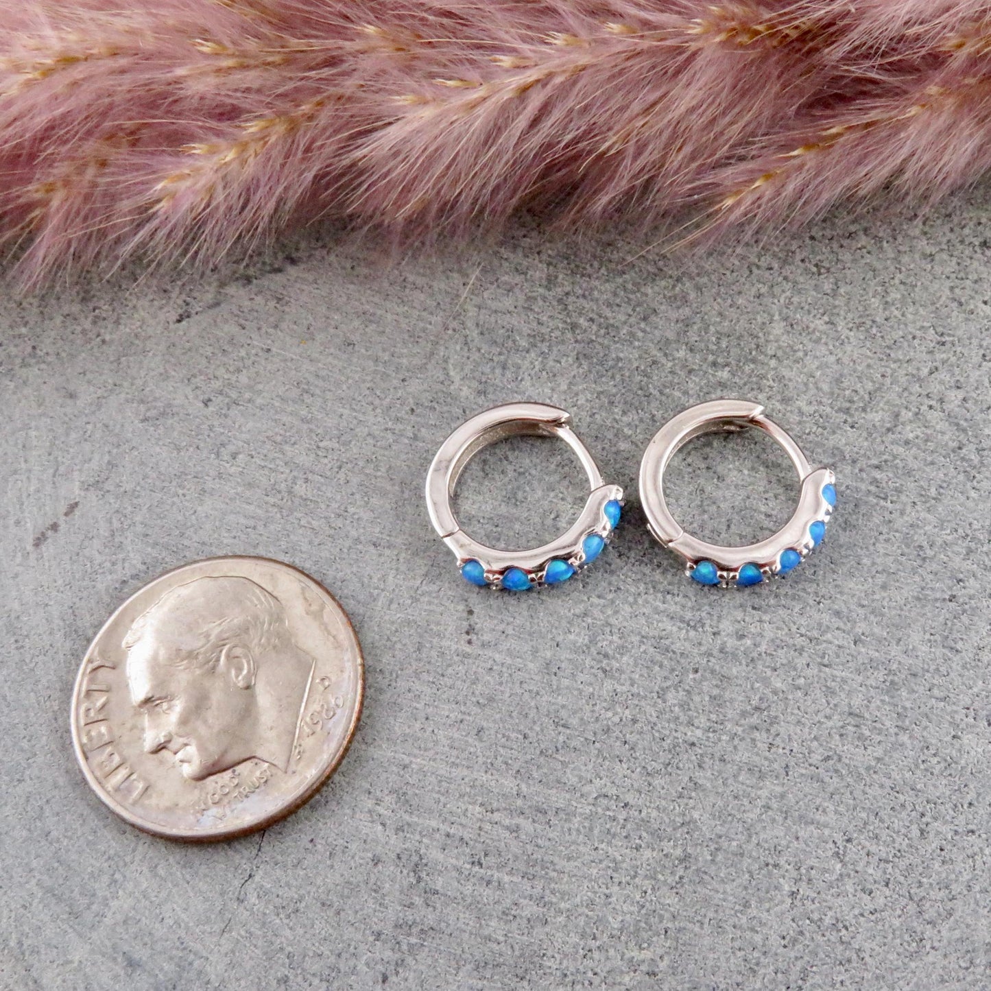 Silver Blue Opal Hoops | Sterling Opal Hoop Earrings | Silver Blue Opal Clicker Hoops | Lab Opal Hoops | Sterling Simple Opal Hoop Earrings