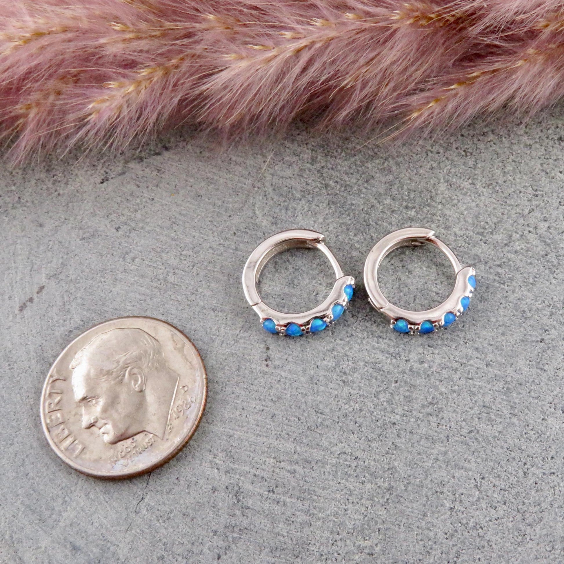 Silver Blue Opal Hoops | Sterling Opal Hoop Earrings | Silver Blue Opal Clicker Hoops | Lab Opal Hoops | Sterling Simple Opal Hoop Earrings