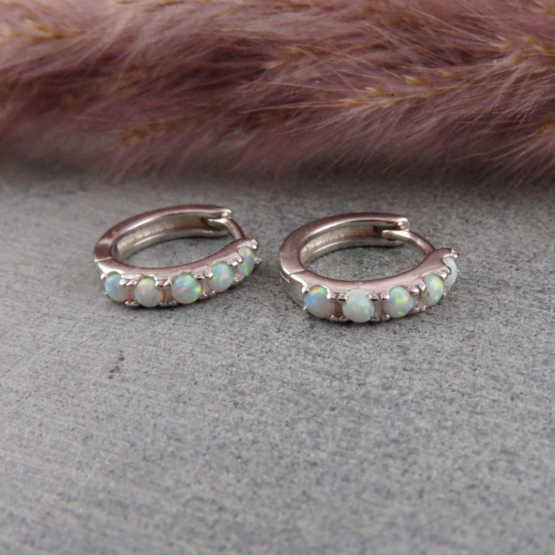 Silver Opal Hoops | Sterling Opal Hoop Earrings | Silver White Opal Clicker Hoops | Lab Opal Hoops | Sterling Simple Opal Hoop Earrings