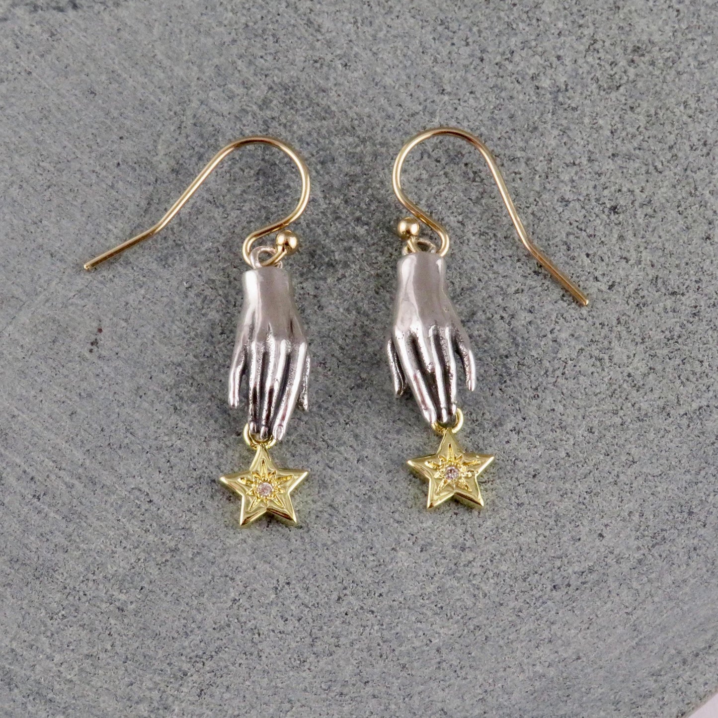 Silver Hand Earrings | Hand and Star Earrings | Reach for the Stars Earrings | Mixed Metal Earrings | Sterling Hand Gold Star Earrings