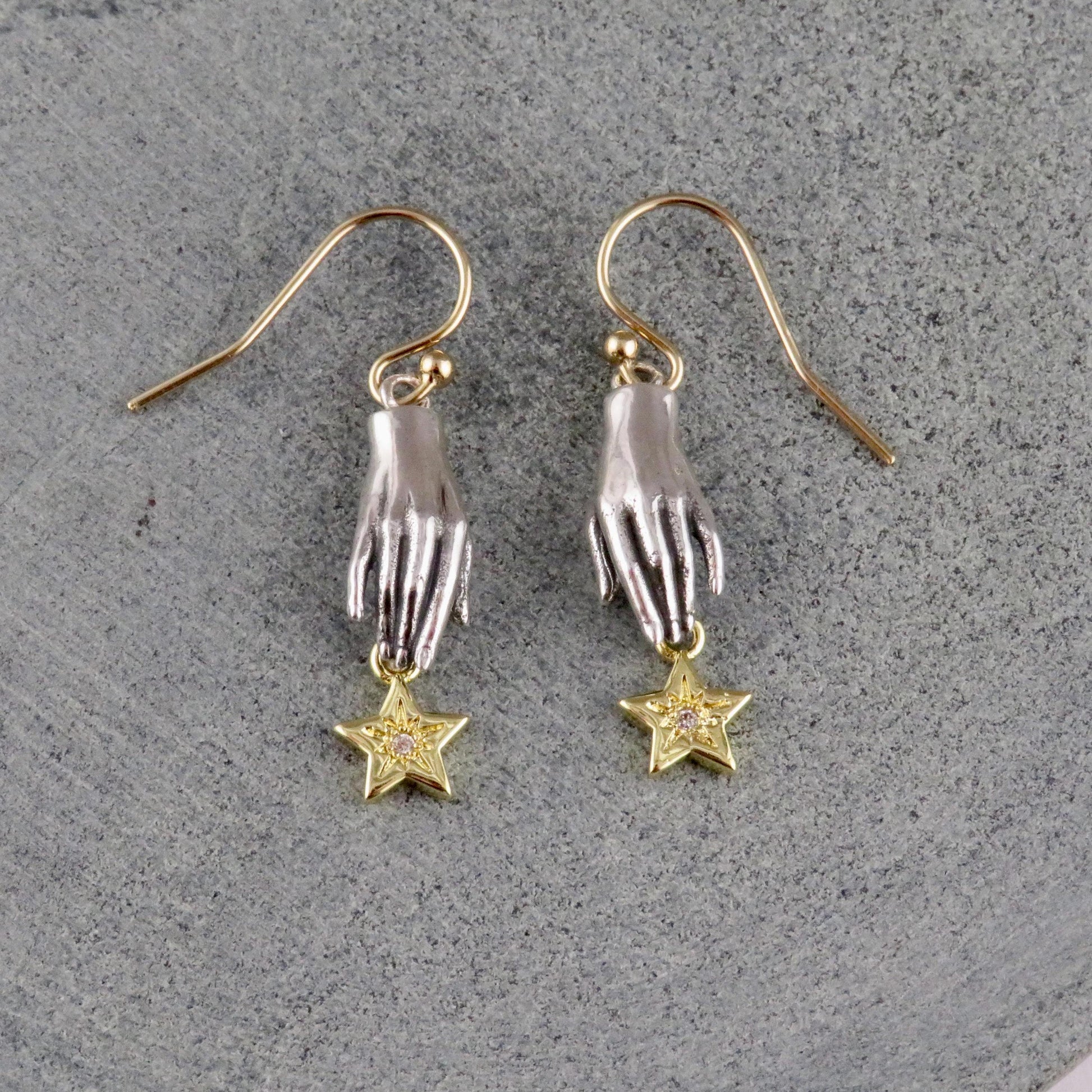 Silver Hand Earrings | Hand and Star Earrings | Reach for the Stars Earrings | Mixed Metal Earrings | Sterling Hand Gold Star Earrings