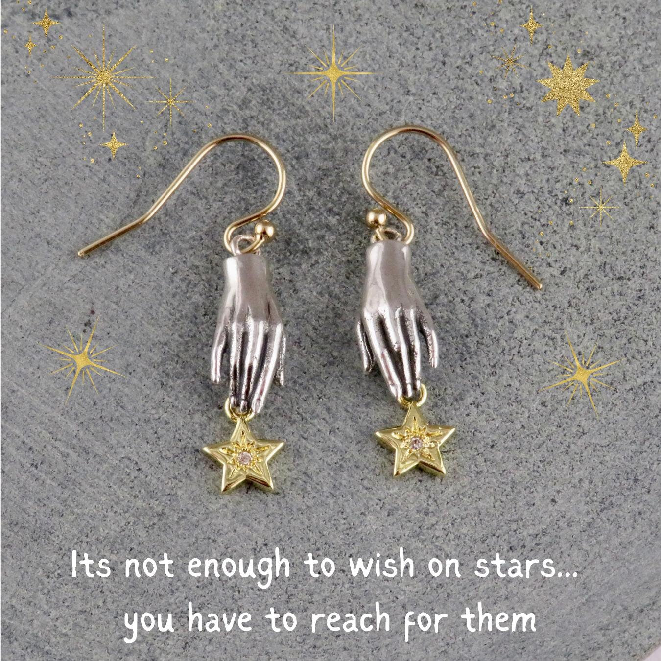 Silver Hand Earrings | Hand and Star Earrings | Reach for the Stars Earrings | Mixed Metal Earrings | Sterling Hand Gold Star Earrings