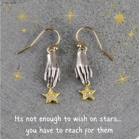 Silver Hand Earrings | Hand and Star Earrings | Reach for the Stars Earrings | Mixed Metal Earrings | Sterling Hand Gold Star Earrings