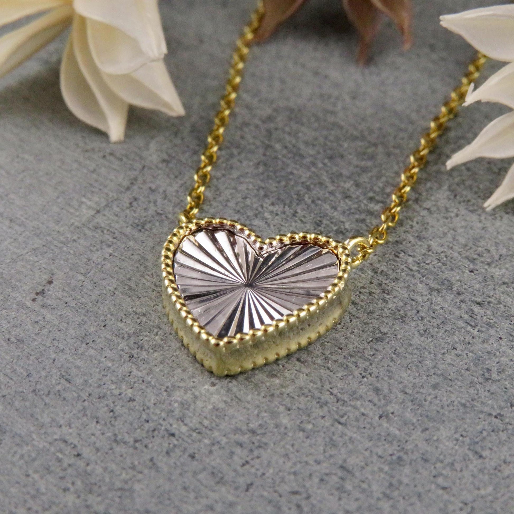 Two Tone Heart Necklace | Mixed Metal Heart Necklace | Sterling Heart Necklace | Framed Heart Burst Pendant | Heart Rays Gold Silver Pendant