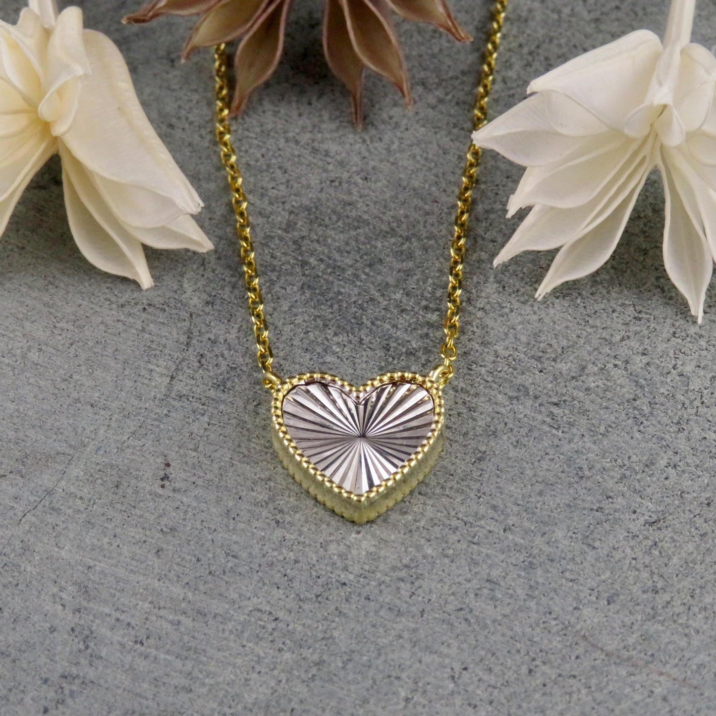 Two Tone Heart Necklace | Mixed Metal Heart Necklace | Sterling Heart Necklace | Framed Heart Burst Pendant | Heart Rays Gold Silver Pendant