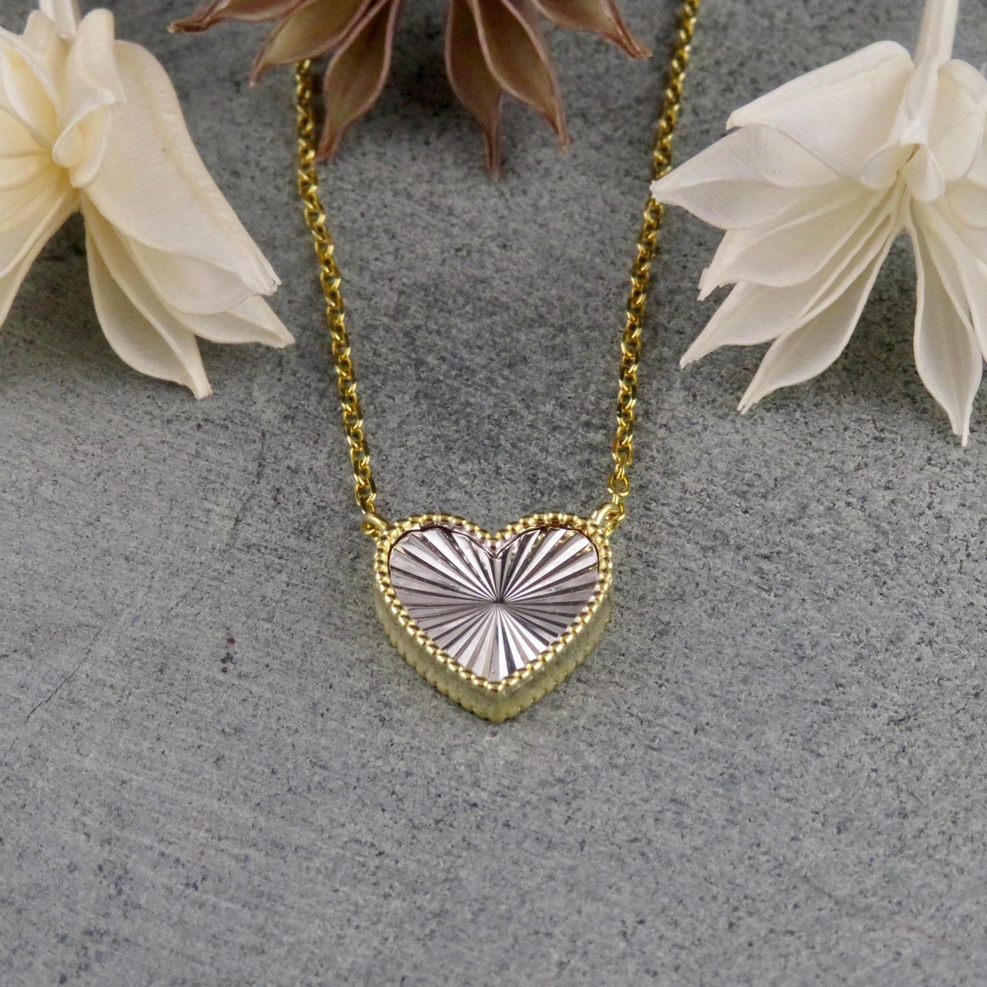 Two Tone Heart Necklace | Mixed Metal Heart Necklace | Sterling Heart Necklace | Framed Heart Burst Pendant | Heart Rays Gold Silver Pendant