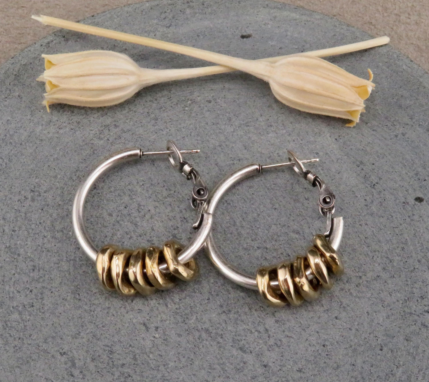 Two Tone Hoop Earrings | Silver and Gold Earrings | Mixed Metal Hoop Earrings | Hammered Hoop Earrings | Bronze Dangles | Unique Hoops