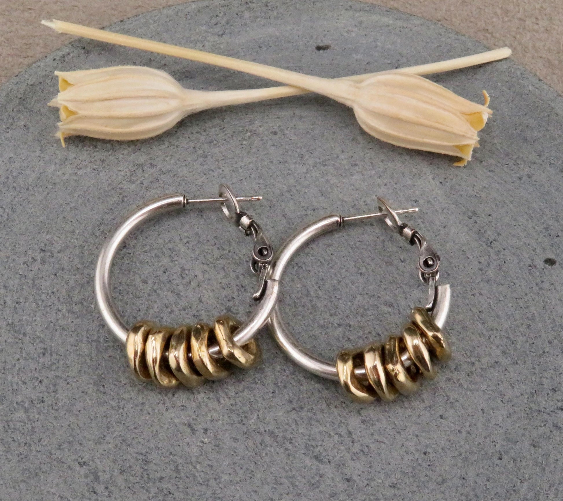Two Tone Hoop Earrings | Silver and Gold Earrings | Mixed Metal Hoop Earrings | Hammered Hoop Earrings | Bronze Dangles | Unique Hoops