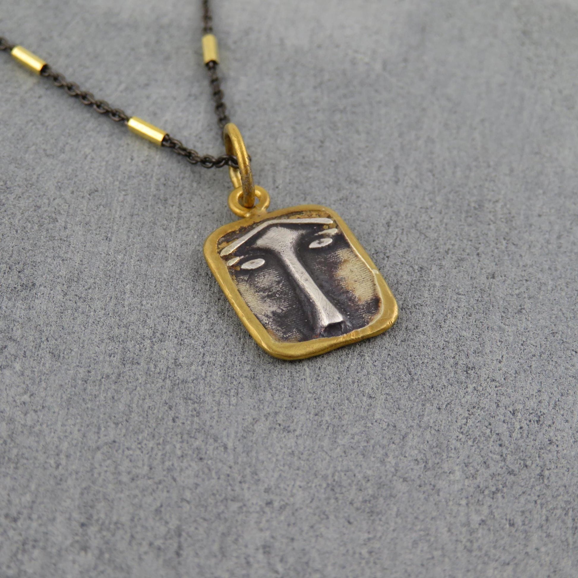 Solid Gold Vintage Pendant | Sterling Gold Face Pendant | Unique Vintage Face Necklace | 24K Gold Mixed Metal Necklace | Two Tone Face Charm
