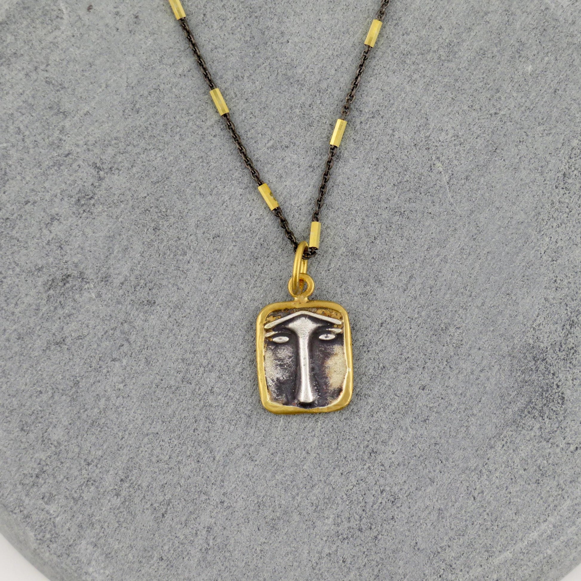Solid Gold Vintage Pendant | Sterling Gold Face Pendant | Unique Vintage Face Necklace | 24K Gold Mixed Metal Necklace | Two Tone Face Charm